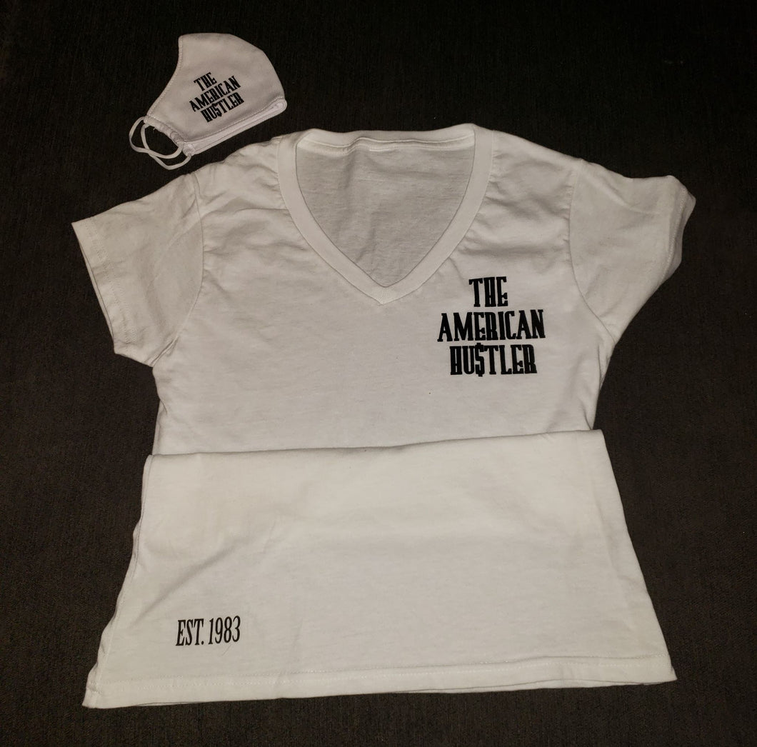 The American Hu$tler Signature  Women's V-Neck Tee - White